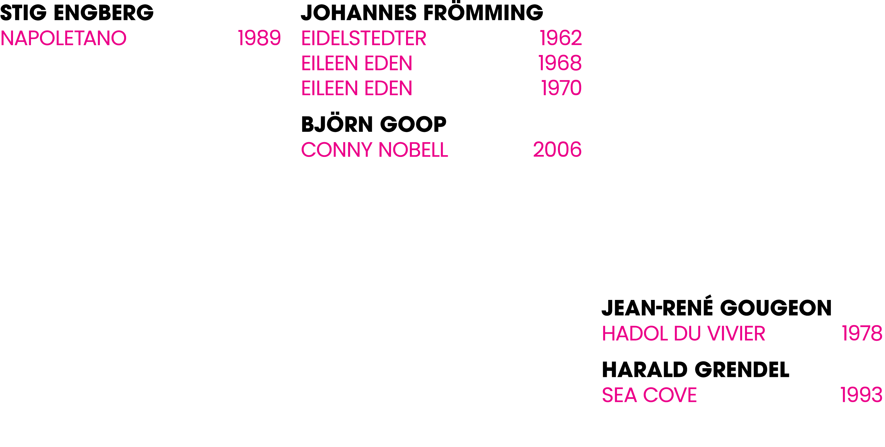 Stig Engberg Napoletano 1989 Johannes Fr mming Eidelstedter 1962 Eileen Eden 1968 Eileen Eden 1970 Bj rn Goop Conny N...
