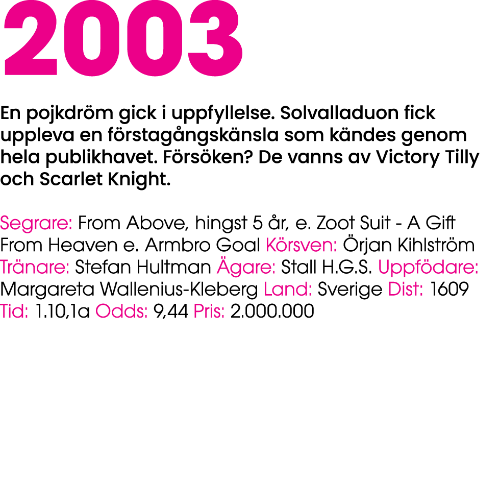 2003 En pojkdr m gick i uppfyllelse. Solvalladuon fick uppleva en f rstag ngsk nsla som k ndes genom hela publikhavet...