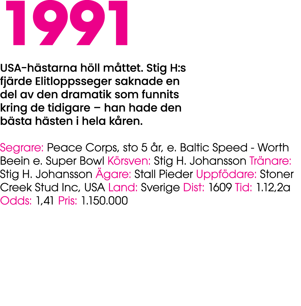1991 USA h starna h ll m ttet. Stig H:s fj rde Elitloppsseger saknade en del av den dramatik som funnits kring de tid...