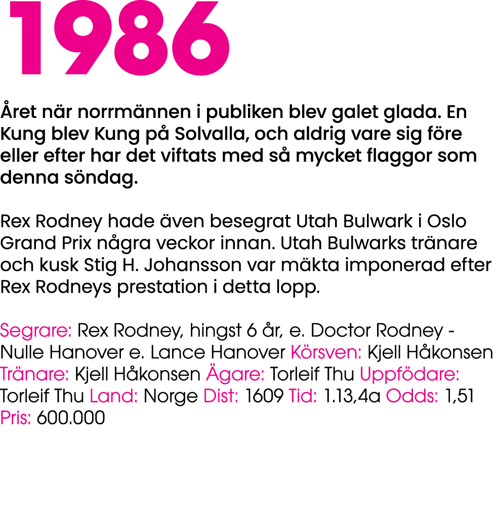 1986 ret n r norrm nnen i publiken blev galet glada. En Kung blev Kung p  Solvalla, och aldrig vare sig f re eller e...