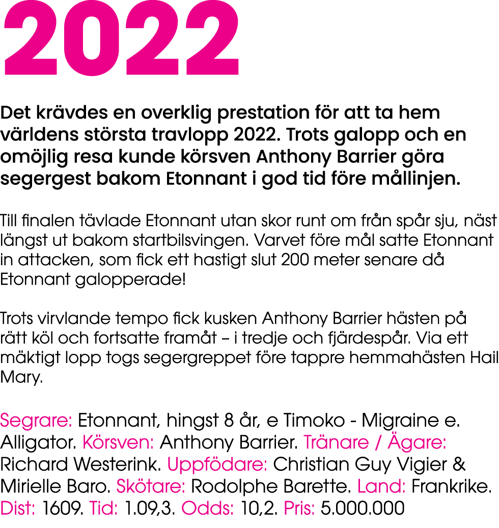 2022 Det kr vdes en overklig prestation f r att ta hem v rldens st rsta travlopp 2022. Trots galopp och en om jlig re...